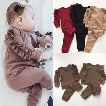 Newborn Ruffles Jumper Solid Colours with Long Sleeve Sweatshirt 2Pcs Sets