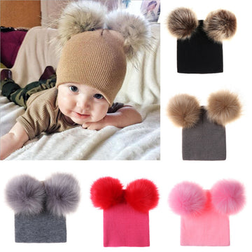 Mikkie Baby Fur Knit Hat with 2 Pom poms